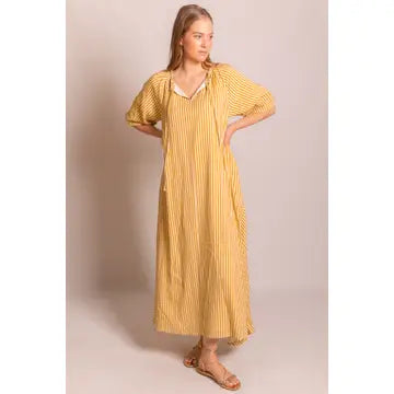 Mustard Striped Ruffle Neckline Maxi Dress