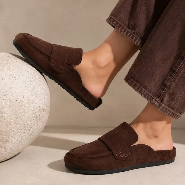 Brown Suede Penny Loafer Mule