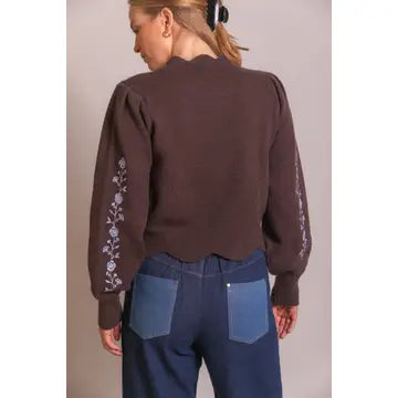 Espresso Knit Flower Embroidery Scalloped Sweater
