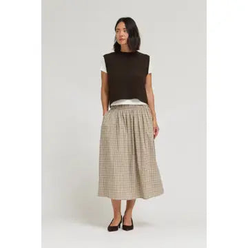Plaid Cream Smocked Midi Skirt