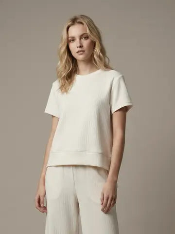 Cream Set - Stripe Texture Top W/ Wide Leg Pants