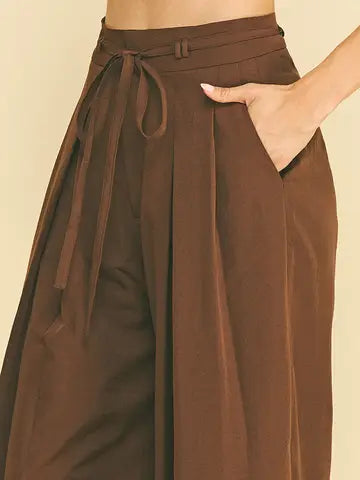 Brown Pleated Detail Wide Leg Pants