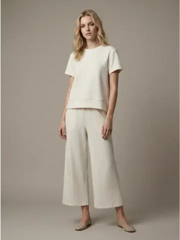 Cream Set - Stripe Texture Top W/ Wide Leg Pants