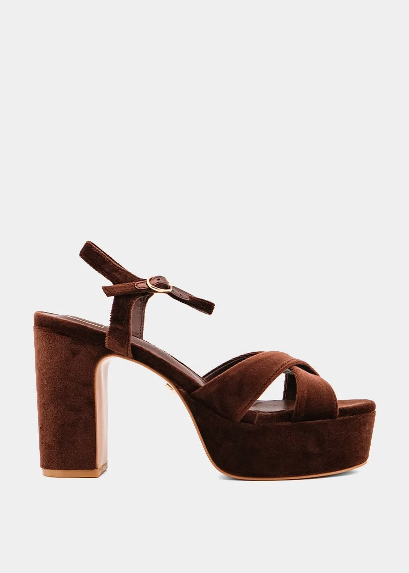 Brown Velvet Strap Platform Block Heel Sandal