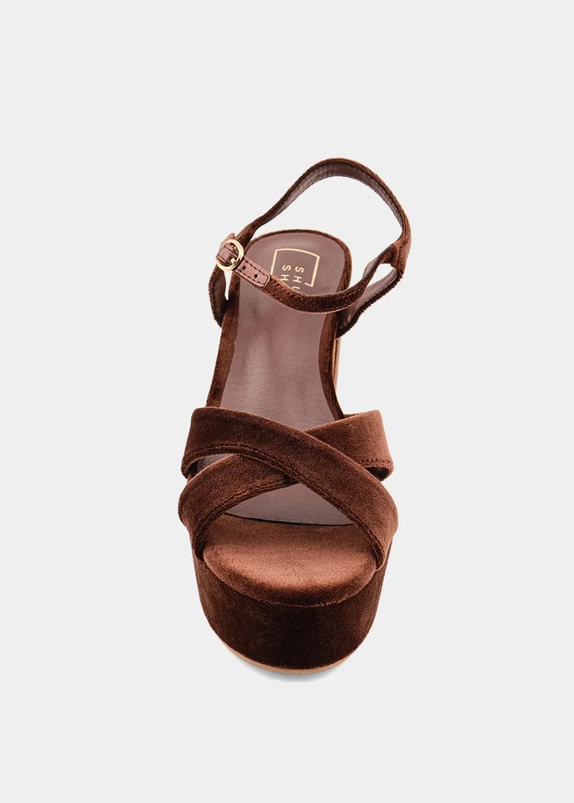 Brown Velvet Strap Platform Block Heel Sandal