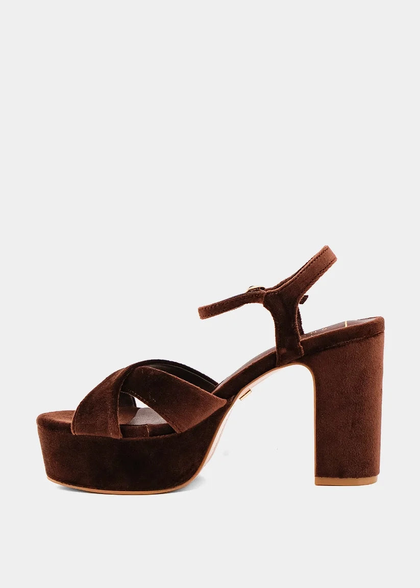Brown Velvet Strap Platform Block Heel Sandal