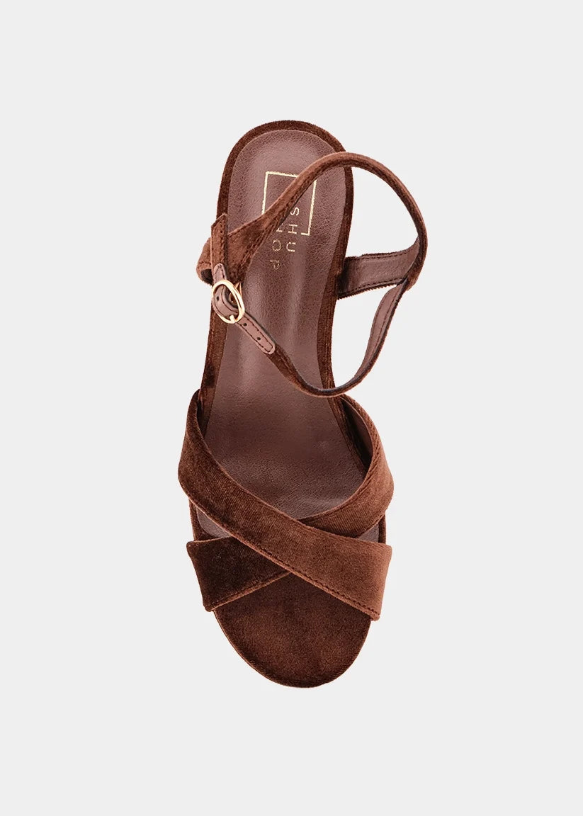 Brown Velvet Strap Platform Block Heel Sandal