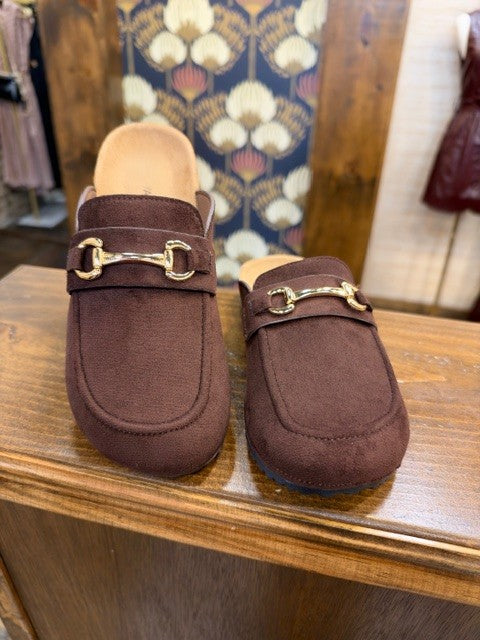 Suede Horse Bit Moccasin Loafer Mule Chocolate