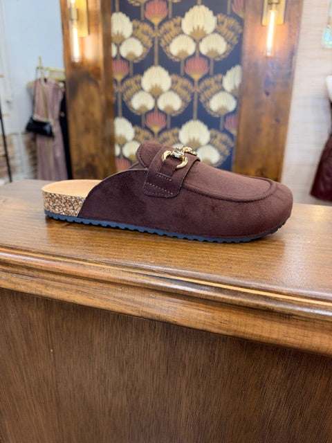 Suede Horse Bit Moccasin Loafer Mule Chocolate