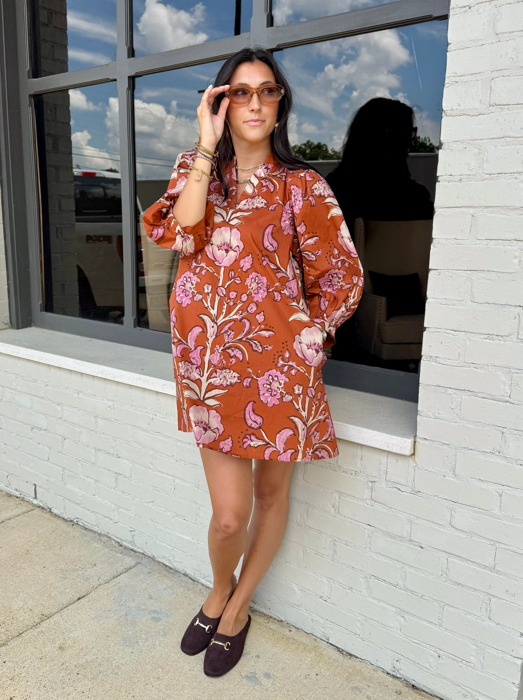 Rust/Floral V-Neck Puff Sleeve Dress