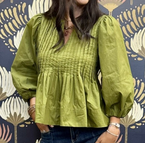 Olive Pin Tuck Pleated Top