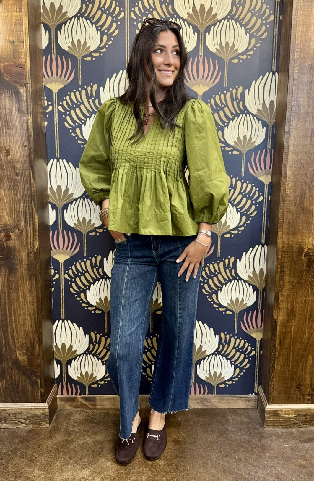 Olive Pin Tuck Pleated Top