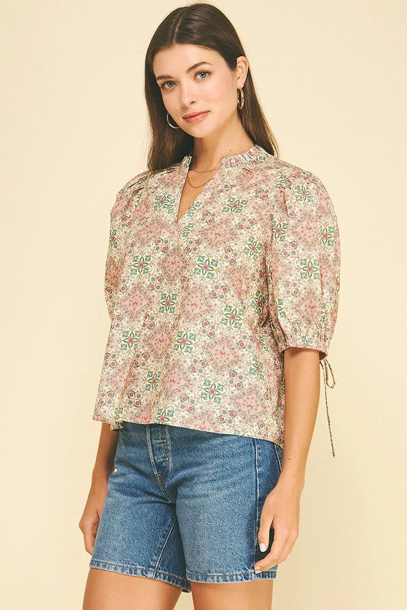 Geometric Floral V-Neck Blouse