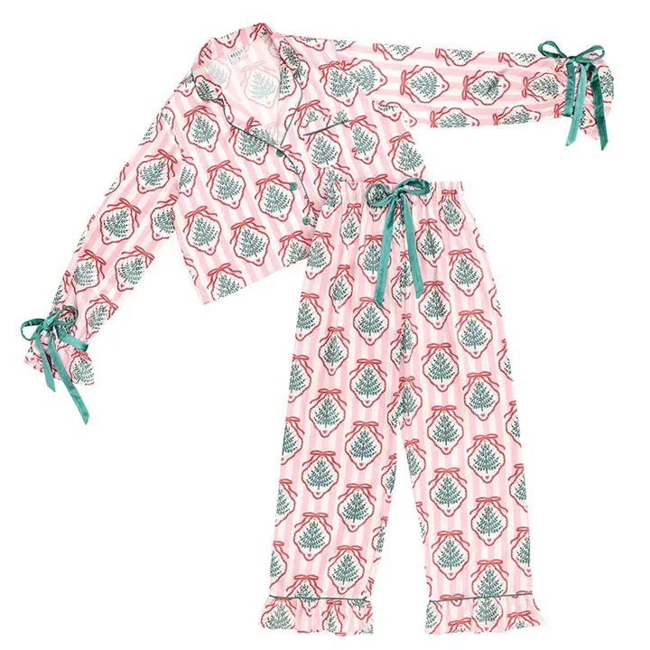 Ruffled PJ Set with Velvet Ties - Pink Stripes + Doily Trees - Christmas