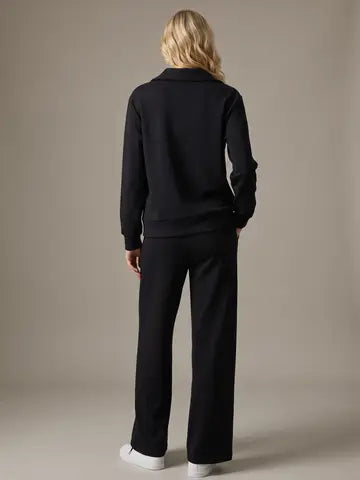 Black Set - Collar Pullover W/ Drawstring Wide Leg Pants