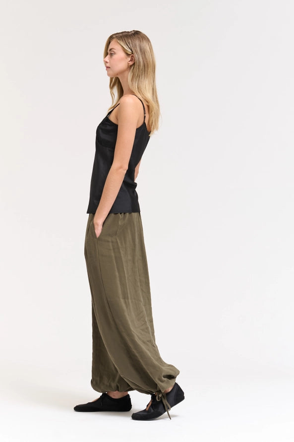 Deep Olive Pleated Waist Balloon Pants