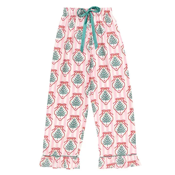 Ruffled PJ Set with Velvet Ties - Pink Stripes + Doily Trees - Christmas