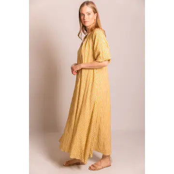 Mustard Striped Ruffle Neckline Maxi Dress