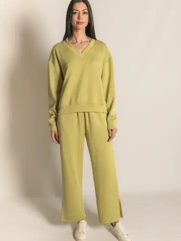 Set / V-Neck Top &amp; Wide Leg Pants with Bottom Slit