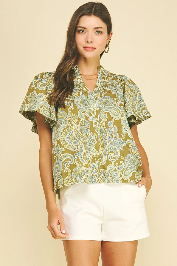 Olive Paisley V-Neck Blouse