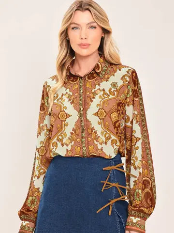 Ivory/Dusty Rose Print Button Down
