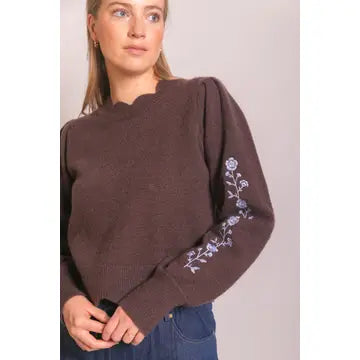 Espresso Knit Flower Embroidery Scalloped Sweater
