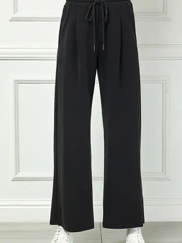 Black Set - Collar Pullover W/ Drawstring Wide Leg Pants