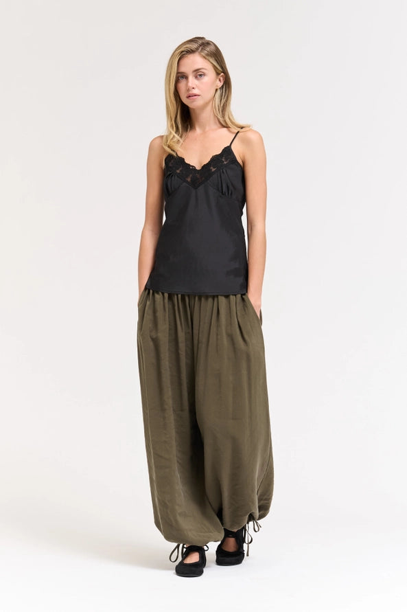 Deep Olive Pleated Waist Balloon Pants