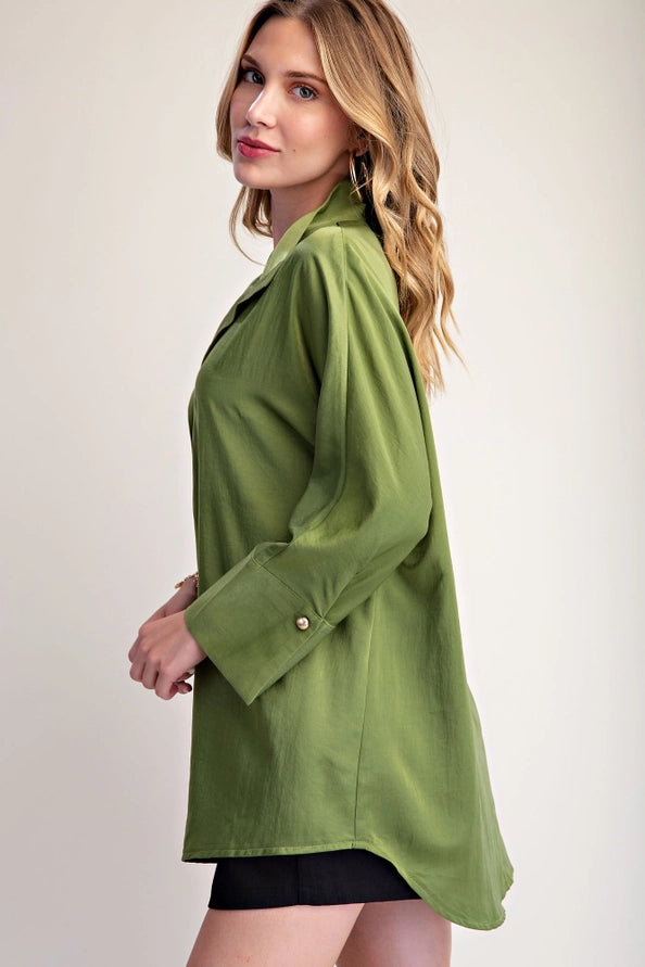 Green Satin Stand Collar Shirt