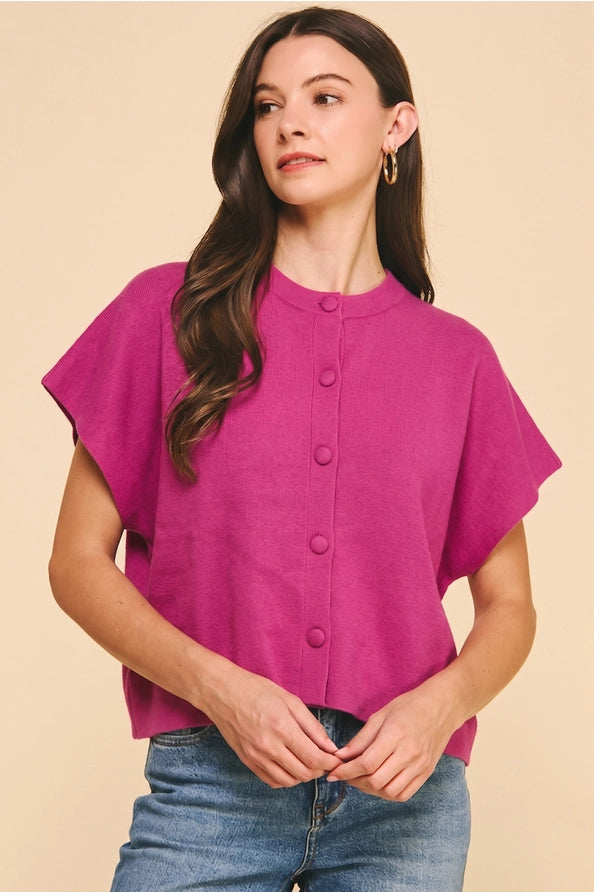 Button Down Cap Sleeve Pink Sweater