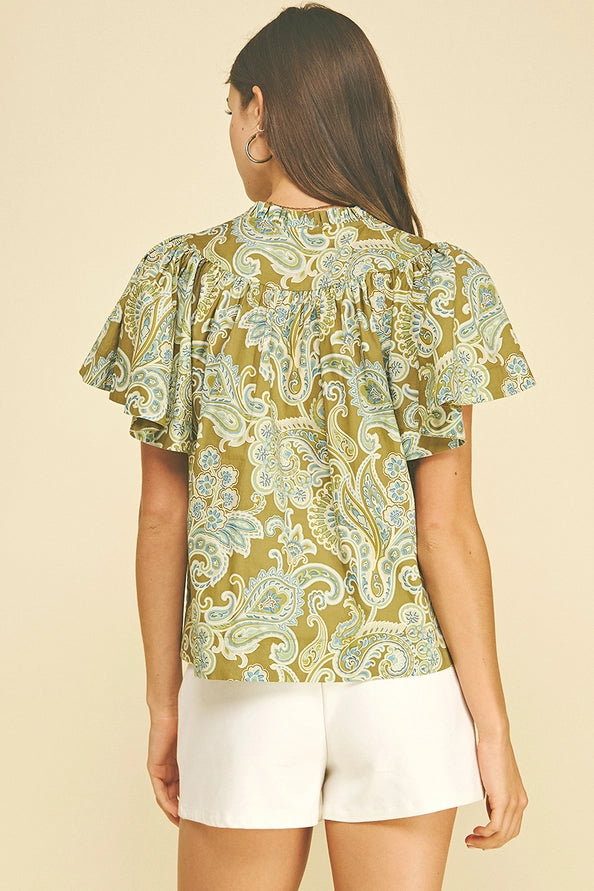 Olive Paisley V-Neck Blouse
