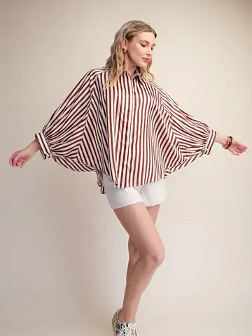 Stripe Wide Puff Sleeve Button Down