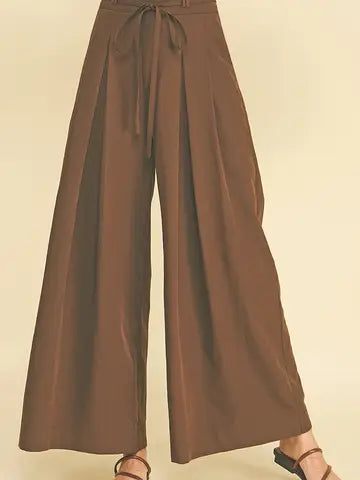 Brown Pleated Detail Wide Leg Pants