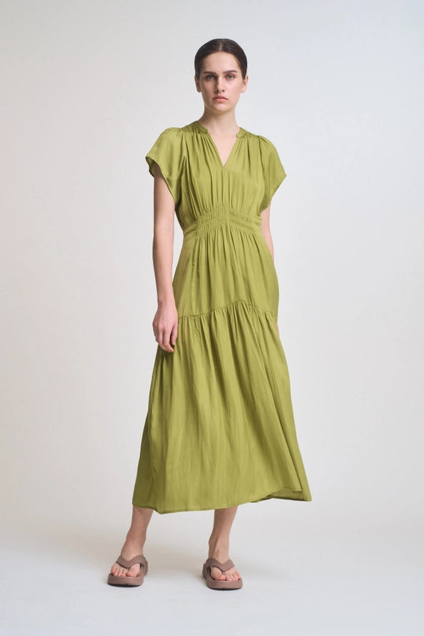 Green Satin Ruffle Midi