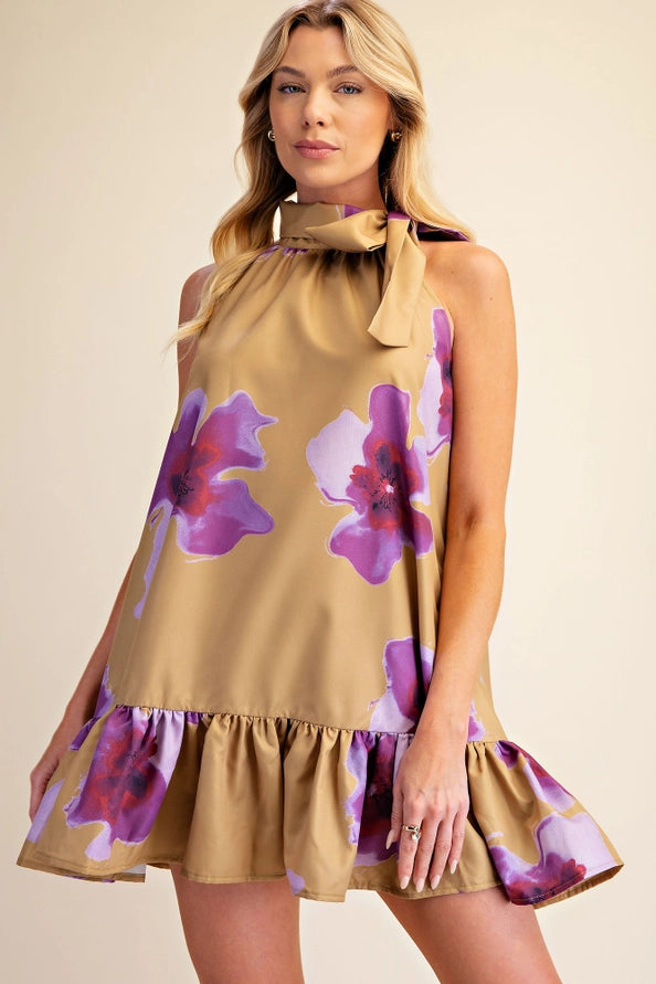 Mustard-Violet Floral Tie Neck Dress