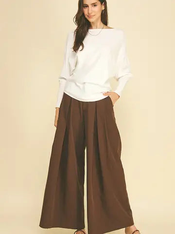 Brown Pleated Detail Wide Leg Pants