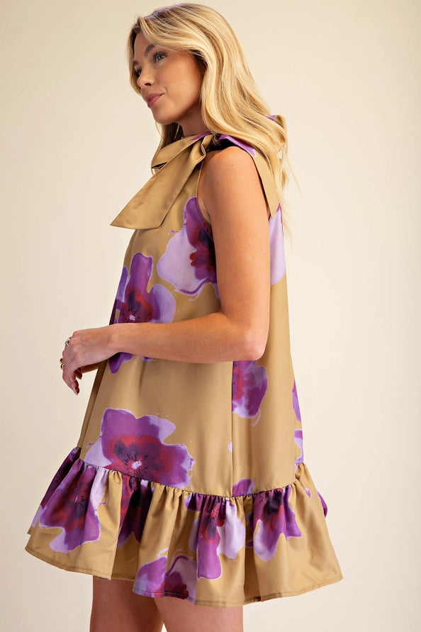 Mustard-Violet Floral Tie Neck Dress