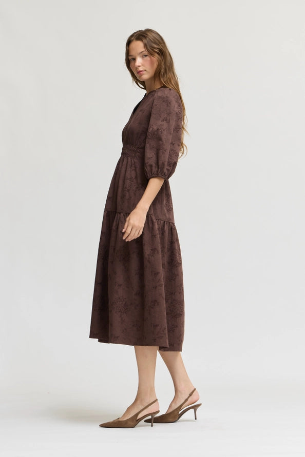 Deep Bark 3/4 Sleeve Printed Midi Dress