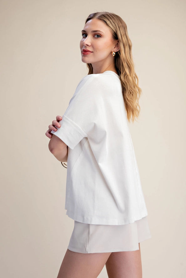 White Oversized Round Neck Knit Top