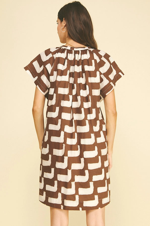 Geometric Print Tunic Brown Mini Dress
