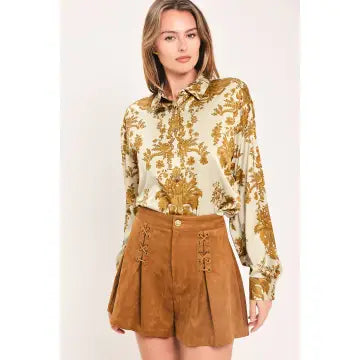 Taupe/Brown Print Button Down