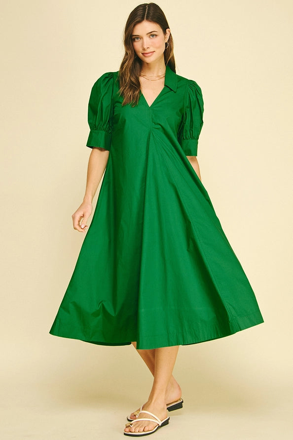 Hunter Green V-Neck Pleated Dress