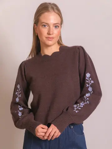 Espresso Knit Flower Embroidery Scalloped Sweater
