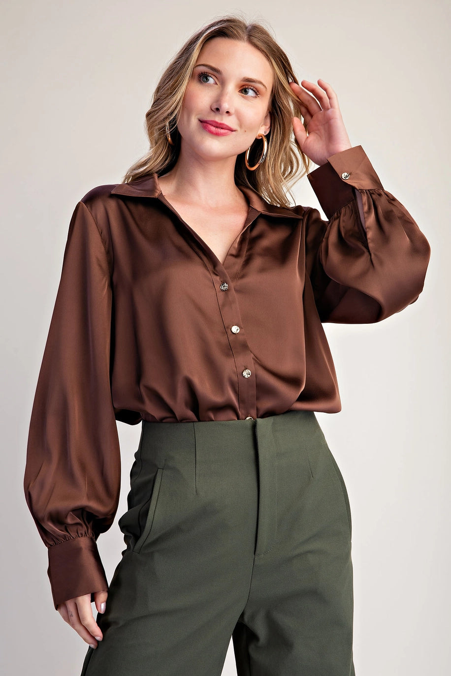 Brown V-Collar Button Down
