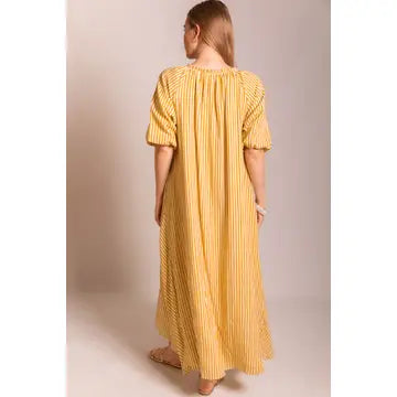 Mustard Striped Ruffle Neckline Maxi Dress