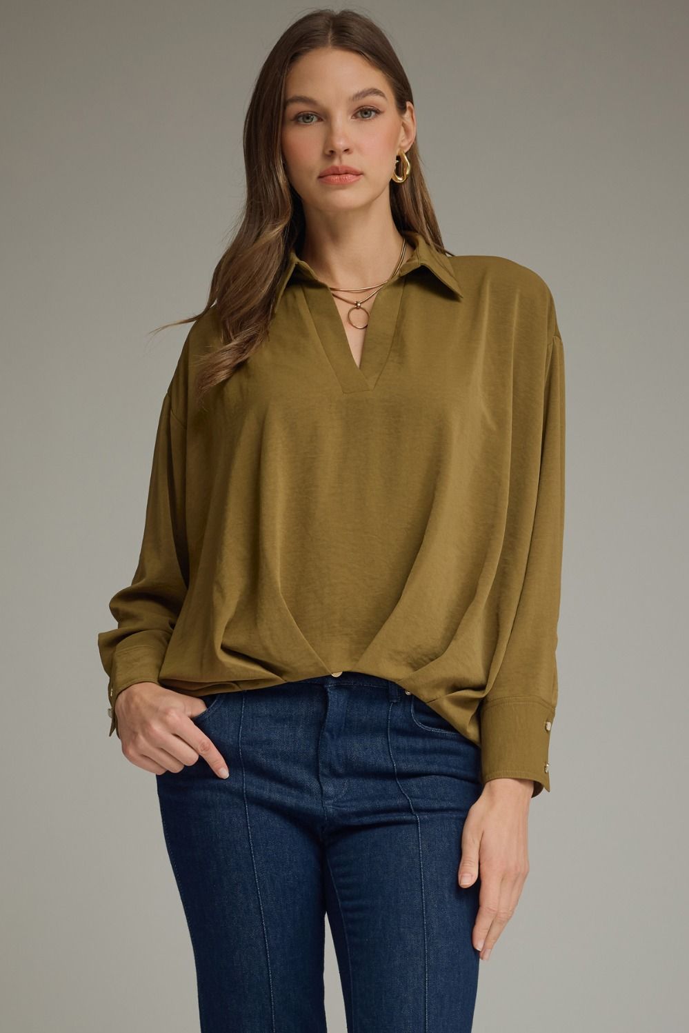 Olive V-Neck Collared LS Blouse