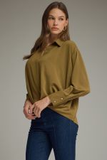 Olive V-Neck Collared LS Blouse