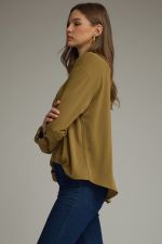 Olive V-Neck Collared LS Blouse