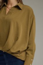 Olive V-Neck Collared LS Blouse