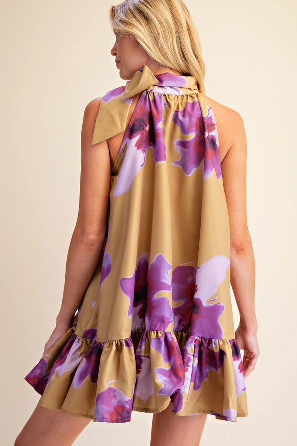 Mustard-Violet Floral Tie Neck Dress